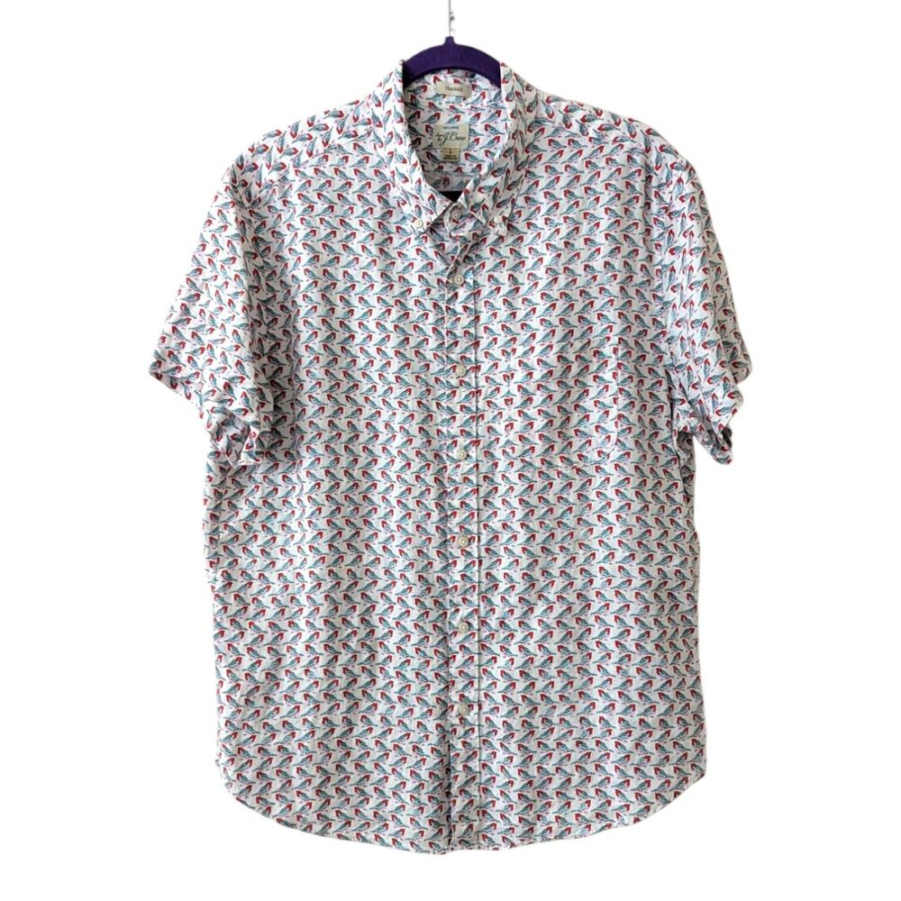 J. Crew 100% Linen Classic Short Sleeve Sz Large Bird Print White Shirt Preppy